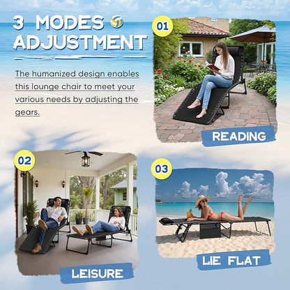 Devoko Lounge Beach Chair for Adults, Outdoor Sun Tanning Chair, Portable Folding Camping Lay Chaise Lounge Chairs for Outside Beach Pool Reading, Sunbathing (1, Black)