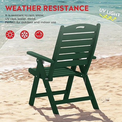 Costaelm Outdoor Adjustable Highback Folding Patio Dining Chair, HDPE Armrest Poly Lumber Restaurant Bistro Dining Chair for Outside Porch Backyard Garden, Dark Green