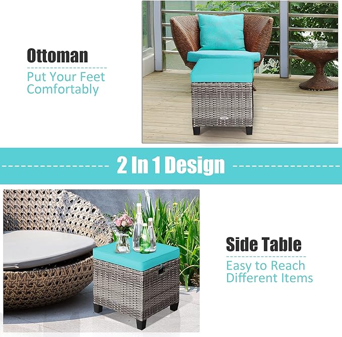 Tangkula 2 Pieces Patio Rattan Ottomans, Outdoor Wicker Footstool Footrest Seat with Soft Cushions and Steel Frame - Photo 8
