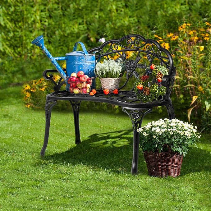 Outvita Patio Garden Bench, 38" Cast Aluminum Outdoor Chair Anti-Rust Weather Resistant Patio Bench Rose Pattern Bench for Front Porch, Backyard, Lawn