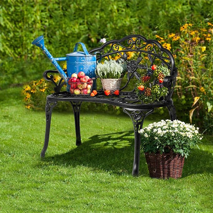 Outvita Patio Garden Bench, 38" Cast Aluminum Outdoor Chair Anti-Rust Weather Resistant Patio Bench Rose Pattern Bench for Front Porch, Backyard, Lawn