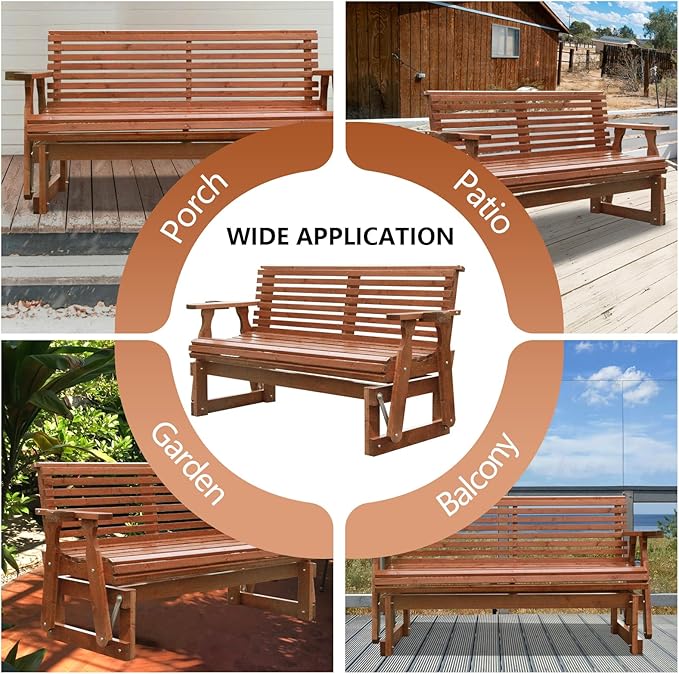 3-Seater Outdoor Glider Chair, 5FT Wood Porch Glider with High Roll Back, Cupholders and Deep Contoured for Porch - Photo 7