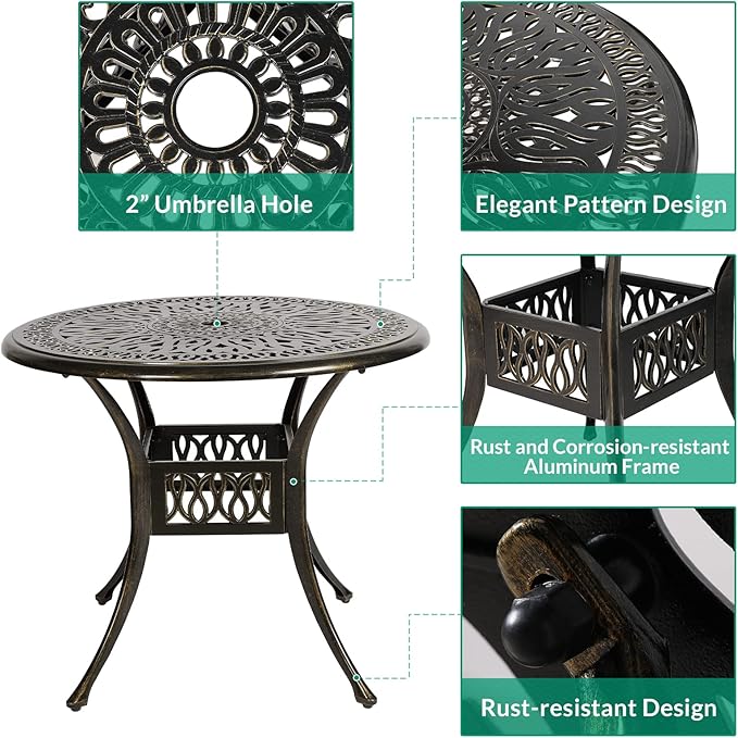 VIVIJASON 35.4" Outdoor Patio Dining Round Table Bronze Cast Aluminum Rustic Large Patio Table with Umbrella Hole