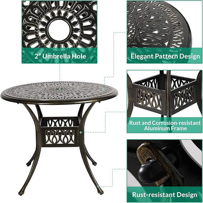 VIVIJASON 35.4" Outdoor Patio Dining Round Table Bronze Cast Aluminum Rustic Large Patio Table with Umbrella Hole