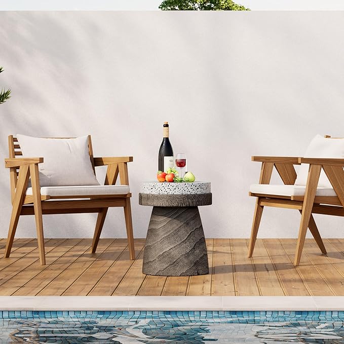 HOMPUS Outdoor Side Table with Imitation Terrazzo Desktop - Lightweight Mushroom Shape End Table, MgO Patio Accent, Unique Plant Stand, Concrete Coffee for Indoor Outdoor Use, Grey
