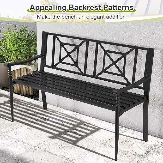 Tangkula Metal Outdoor Park Bench, Patio Garden Bench, Heavy-Duty Slatted Garden Bench for 2-3 People, Patio Park-Style Loveseat with Curved Armrests, Outdoor Seating for Backyard, Lawn, Porch