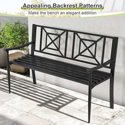 Tangkula Metal Outdoor Park Bench, Patio Garden Bench, Heavy-Duty Slatted Garden Bench for 2-3 People, Patio Park-Style Loveseat with Curved Armrests, Outdoor Seating for Backyard, Lawn, Porch