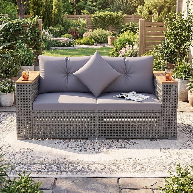 Tangkula 62.5" Large Patio Wicker Loveseat with Acacia Wood Armrests & Cup Holders, Outdoor 2-Piece Rattan Corner Sofa with Cushions, Sectional Conversation Set for Garden Backyard Porch Balcony, Grey