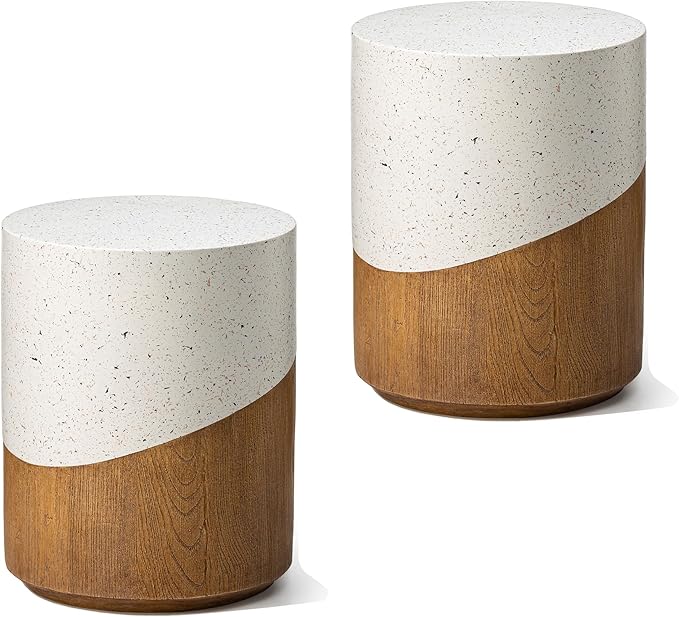 Giltzhome 17.25" H Decorative Garden Stool Set of 2, Faux Terrazzo End Table Planter Stand Accent Table for Garden Patio Lawn Home Indoor Outdoor,White