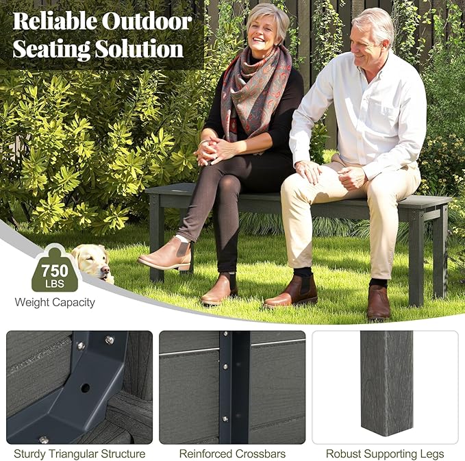 Tangkula HDPE Outdoor Bench, 2-3 Person Patio Bench, 55" Backless Garden Dining Bench with Slatted Seat, Weatherproof Park Bench for Entryway, Porch, Lawn & Backyard (Grey,2)