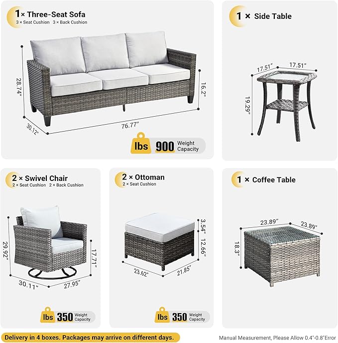 ovios Patio Furniture Set, 7 Pieces Outdoor Wicker Sofa Couch with Swivel Rocking Chairs Glass Table Comfy Cushions - Photo 8