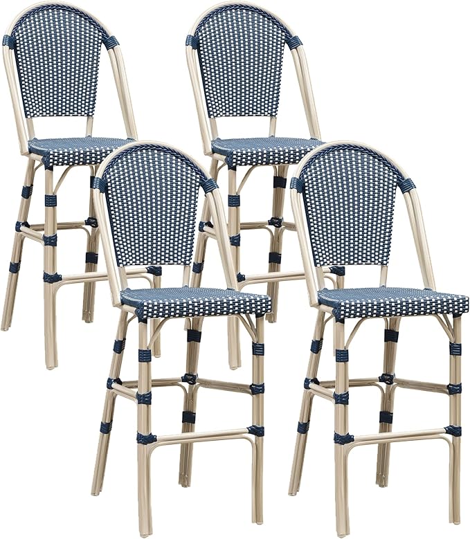 PURPLE LEAF French Bar Stool Set of 4 White Print Finish Patio Bar Stools with Back Rattan Bar Chairs Wicker Bar Height - Photo 1