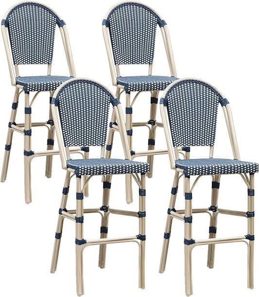 PURPLE LEAF French Bar Stool Set of 4 White Print Finish Patio Bar Stools with Back Rattan Bar Chairs Wicker Bar Height Stool 30" with Footrest Kitchen Island Stools Outdoor Barstool Royal Blue