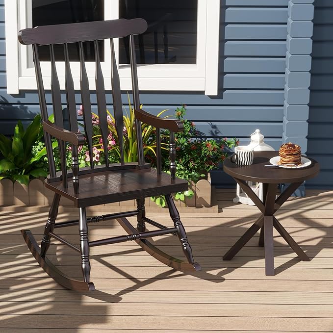 Giantex Outdoor Wood Rocking Chair Set of 2, Patio Rocking Chair w/Rubber Wood Frame, Slat Back, Outside & Indoor Rocker for Garden, Poolside, Balcony, Backyard, Lawn, Front Porch Rocker, Dark Coffee