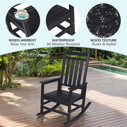 Outdoor Rocking Chair for Adults, High Back Patio Rocking Chair, HDPE All Weather Resistant Porch Rocker for Lawn, Porch, Backyard, Indoor and Garden (Black)
