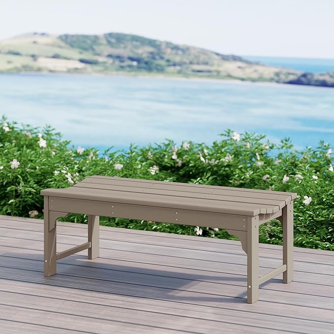 WestinTrends Malibu Outdoor Bench, All Weather Resistant Poly Lumber Backless Patio Garden Bench, Adirondack Curved Bench Seat for Comfort, Weatherwood