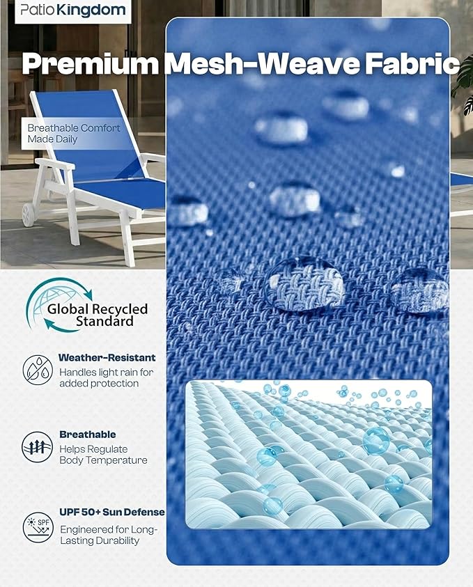 Patio Chaise Lounge Chair with Wheels & Cup Holder, HDPE Textilene Outdoor Lounge Chair 5 Positions Adjustable for Poolside Deck Patio Backyard (2, White Frame, Royal Blue Textilene)
