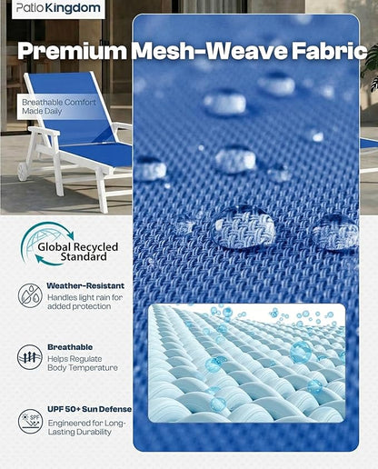 Patio Chaise Lounge Chair with Wheels & Cup Holder, HDPE Textilene Outdoor Lounge Chair 5 Positions Adjustable for Poolside Deck Patio Backyard (2, White Frame, Royal Blue Textilene)