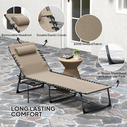 Outsunny Folding Chaise Lounge Chair Outdoor Tanning Chair with Side Table, 5-Level Adjustable Beach Lounge Chair with Headrest, Side Pocket for Patio, Backyard, Beach, Poolside, Beige