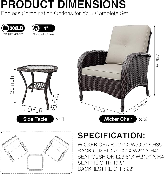 Joyside Wicker Patio Chairs, 3 Piece Rattan Outdoor Furniture with Thickened Cushions, High Back, Deep Seating - Photo 2