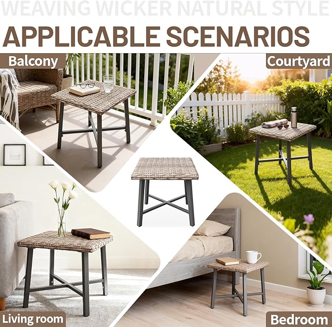 Outdoor Wicker Side Table Small Square Patio Rattan Table Adopt Sturdy Galvanized Steel Frame Powder-Coated Legs