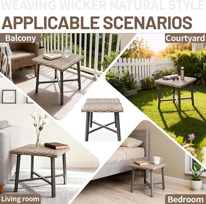 Outdoor Wicker Side Table Small Square Patio Rattan Table Adopt Sturdy Galvanized Steel Frame Powder-Coated Legs