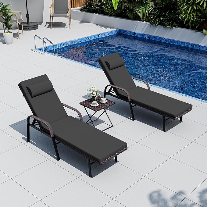Patio Chaise Lounge Set 3 Pieces Outdoor Lounge Chair with Rattan Adjustable Backrest Armrest and Folding Table for - Photo 1