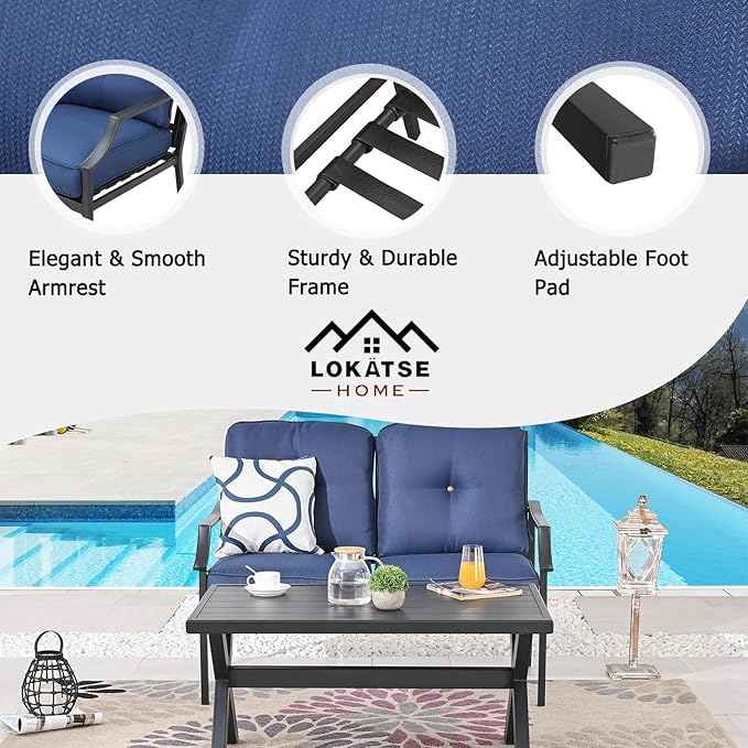 LOKATSE HOME Outdoor Loveseat and Coffee Table Metal Conversation Set Patio Furniture with Cushions for Poolside Backyard Lawn