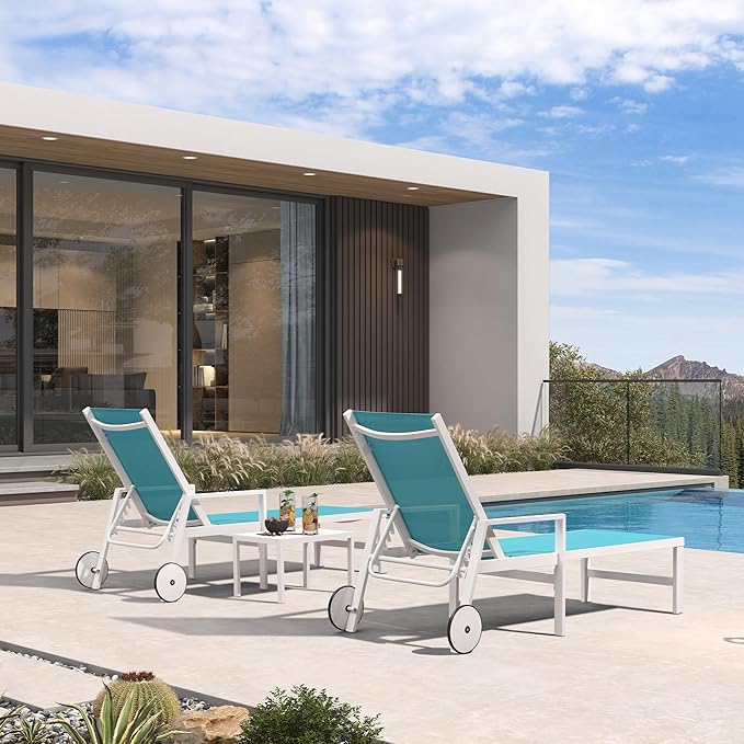 PURPLE LEAF Lounge Chair Outdoor Set 2 Pieces White Aluminum Chaise Lounge with Armrest and Wheels for Pool Deck Patio, Turquoise