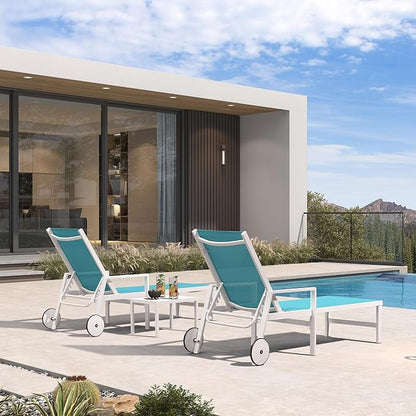 PURPLE LEAF Lounge Chair Outdoor Set 2 Pieces White Aluminum Chaise Lounge with Armrest and Wheels for Pool Deck Patio, Turquoise