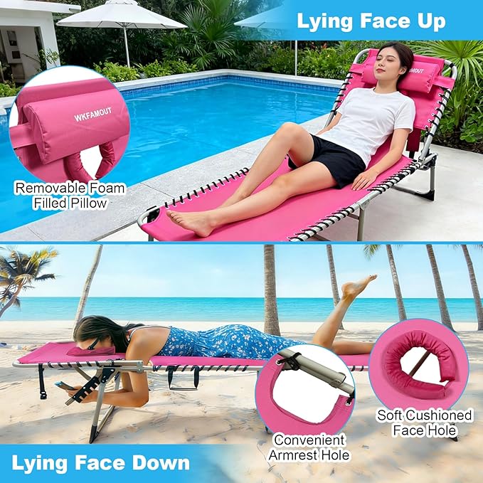 Backpack Sun Tanning Chair with Face Hole & Beach Table, 5-Position Adjustable Folding Lounge Chair Outdoor for Lawn Patio Garden
