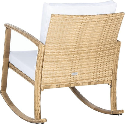 SAFAVIEH Outdoor Collection Daire Woven Natural/White Cushion Rocking Chair for Patio Porch Backyard Sunroom
