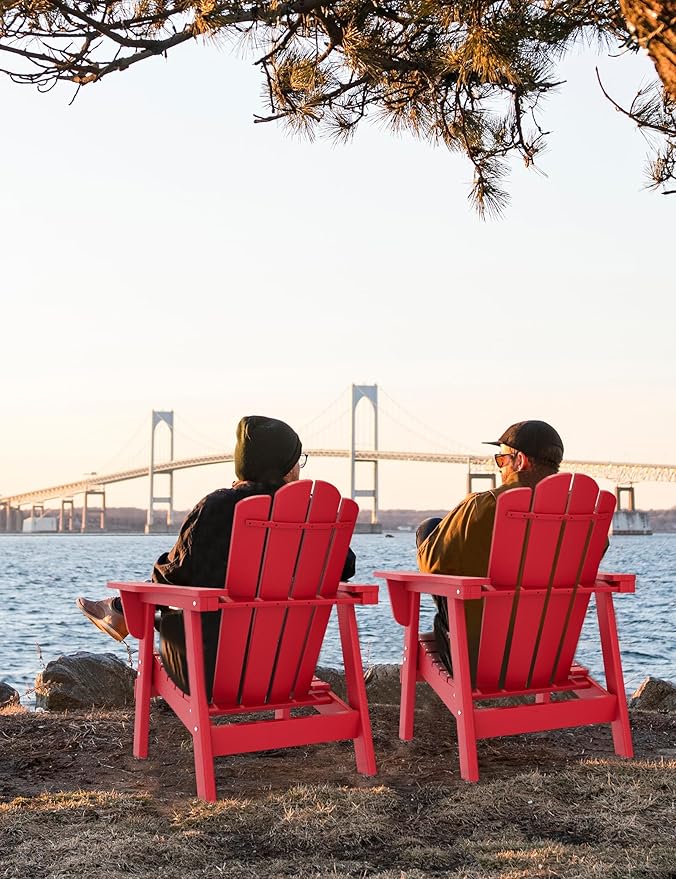 Adirondack Chair - Durable HDPE Poly Lumber All-Weather Resistant, Oversized Balcony Porch Patio Outdoor Chair for Lawn, Backyard, Deck, Garden, Camping - Easy Installation, Red