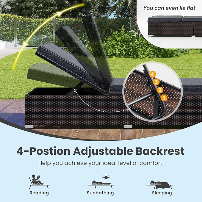 Tangkula Outdoor Chaise Lounge, Patio Wicker Lounge Chair w/ 4-Level Backrest, Heavy-Duty Metal Frame, Outside Rattan Reclining Chair w/Long Seat Cushion for Backyard, Poolside