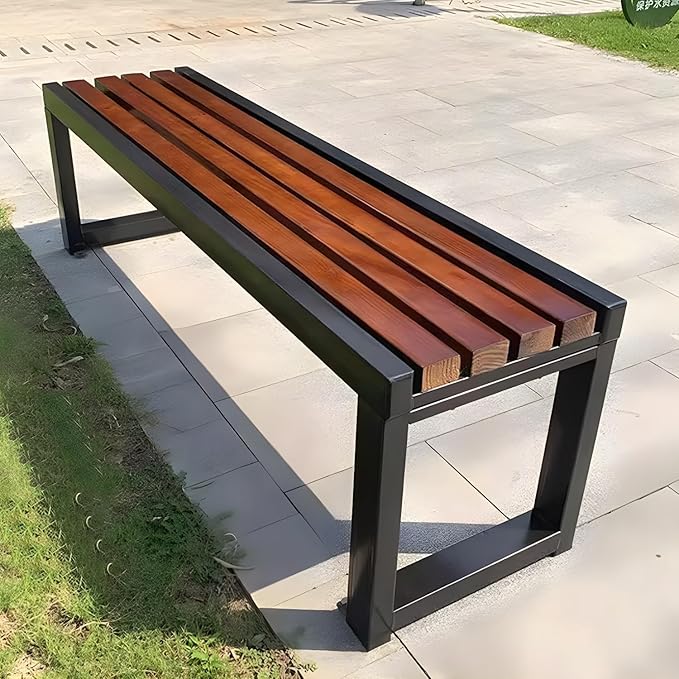 LITFAD Mid-Century Metal Park Bench in Black with Waterproof Wood Seating Gym Rest Bench Patio Bench for Outdoor Use - 79" L x 16" W x 18" H