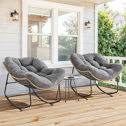 ONBRILL Outdoor Rocking Chairs, Oversized Papasan Rocking Chair Indoors with Padded Cushions, Rattan Wicker Lounge Chair for Living Room, Porch, Patio, Garden, Gray