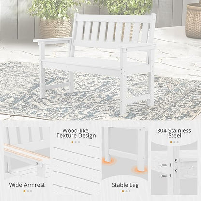 LUE BONA Outdoor Bench, 2-Person HDPS Garden Bench, Outdoor Benches Weatherproof, All-Weather Fade/Rot Resistant Patio Bench for Park, Front Porch, Backyard (White)