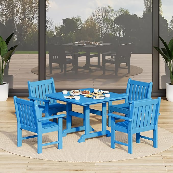 Costaelm Outdoor Dining Arm Chair, Patio HDPE Garden Dining Table Chair, Poly Lumber Waterproof Restaurant Bistro Farmhouse Chairs for Outside Porch Backyard, Pacific Blue