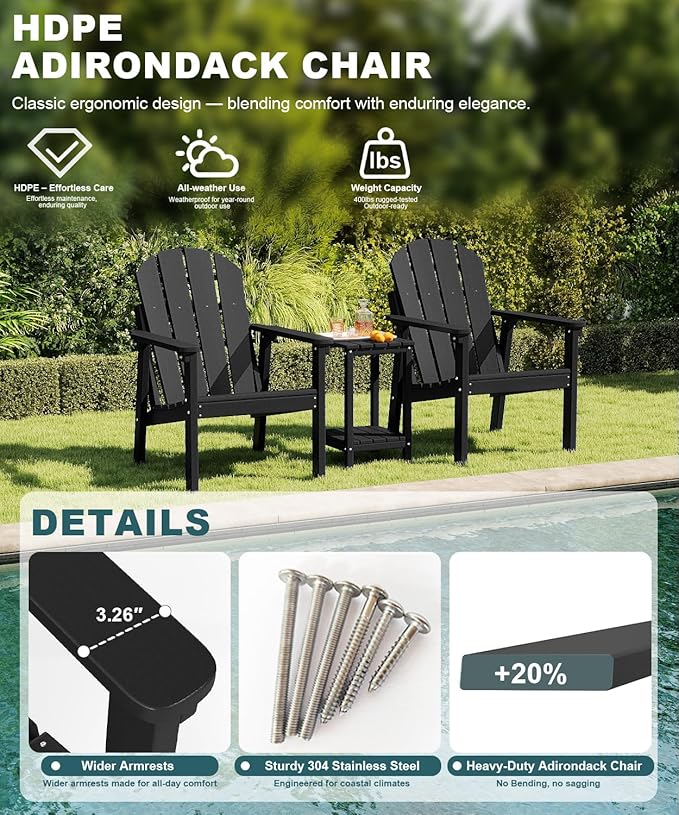 Adirondack Chair Set of 4, All Weather HDPE Fire Pit Chairs, Oversized Plastic Adirondack Chair for Outdoor, Balcony - Photo 3