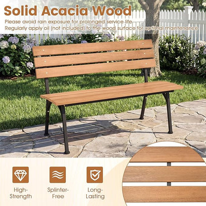 HAPPYGRILL Outdoor Acacia Wood Bench, 2-Person Park Bench with Metal Frame, Slatted Seat and Backrest, Patio Loveseat for Front Porch, Backyard, Garden