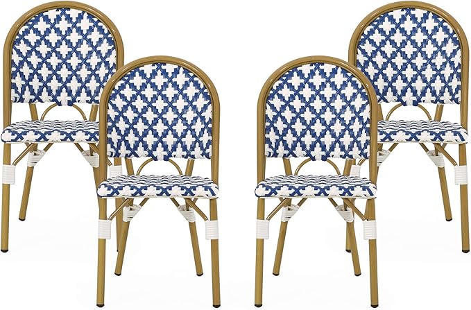 Christopher Knight Home Anastasia Outdoor French Bistro Chair (Set of 4), Blue + White + Bamboo Print Finish - Photo 1