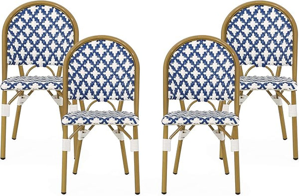 Christopher Knight Home Anastasia Outdoor French Bistro Chair (Set of 4), Blue + White + Bamboo Print Finish - Photo 1