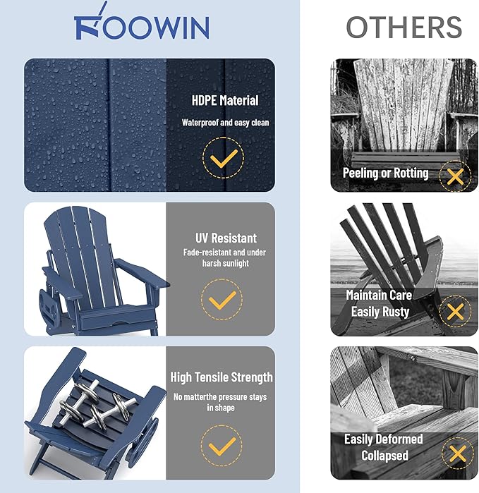 FOOWIN Adirondack Chair with Retractable Ottoman,HDPE Folding Adjustable Adirondack Chair w/4 in 1 Cup Holder Trays,All-Weather Resistant Fire Pit Chair for Outdoor Patio Lawn Set of 6
