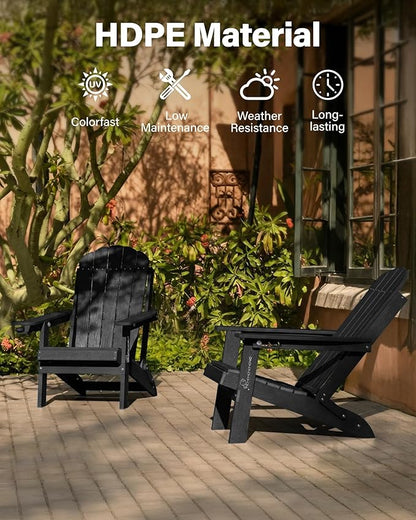 YEFU Adirondack Chairs Set of 4 for Patio: Folding Plastic Fire Pit Chair with Cup Holders & Adjustable Backrest - Sturdy All-Weather HDPE for Outdoor Backyard Deck- Easy Assembly(Black)