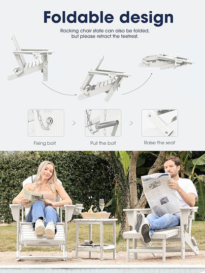 KINGYES Adirondack Rocking Chair Set of 4 with Retractable Ottoman and Cup Holders, HDPE Adirondack Rocker Patio Rocking Chair for Porch, Patio, Balcony, White