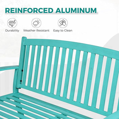 Grand patio 52" Farmhouse Outdoor Bench, Garden Benches with Anti-Rust Aluminum Powder Coated Frame, Faux Wood Grain Finish Frame Patio Bench for Front Porch, Turquoise Blue