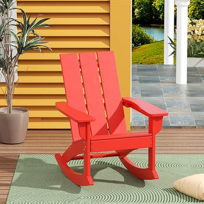 WestinTrends Ashore Patio Rocking Chair, All Weather Poly Lumber Plank Adirondack Rocker Chair, Modern Farmhouse Outdoor Rocking Chairs for Porch Garden Backyard and Indoor, Red