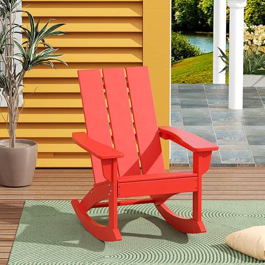 WestinTrends Ashore Patio Rocking Chair, All Weather Poly Lumber Plank Adirondack Rocker Chair, Modern Farmhouse Outdoor Rocking Chairs for Porch Garden Backyard and Indoor, Red