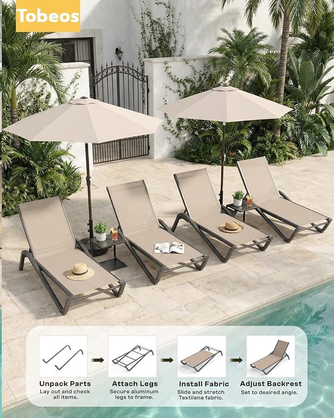 Outdoor Chaise Lounge Chair Set of 2, 5-Position Adjustable Patio Lounge Chair with Aluminum Frame, Textilene Fabric Pool Loung Chairs for Poolside, Deck, Backyard (Khaki)