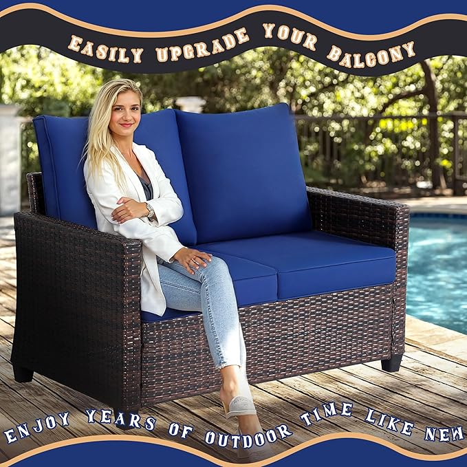 Outdoor Loveseat, All-Weather Patio Deep Seat 2-Seater Rattan Sofa with Water Resistant Cushions for Balcony, Backyard - Photo 5